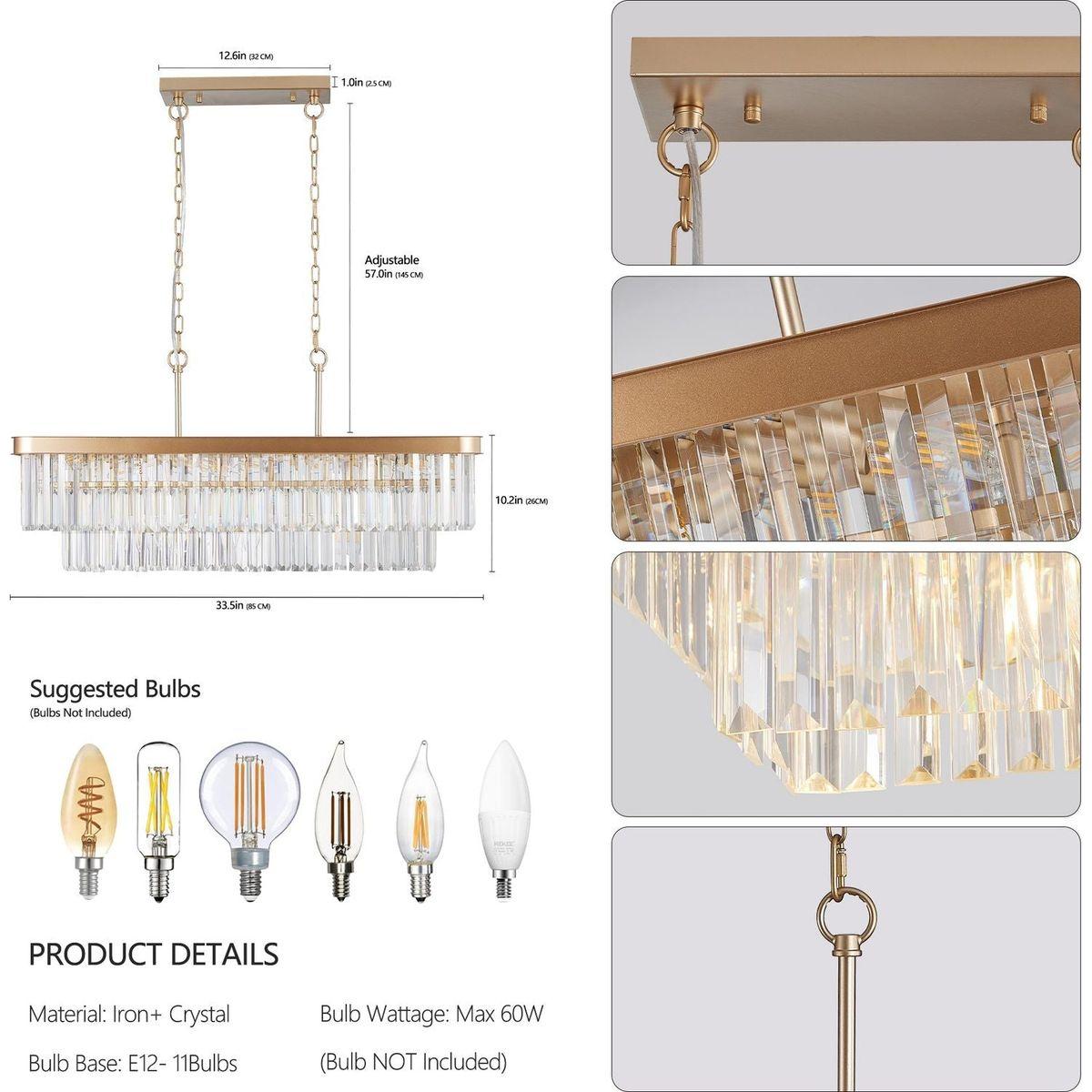 Chandeliers,Rectangular Crystal Chandelier Adjustable,E12 Modern Industrial Crystal Lights,Farmhouse Iron Ceiling Hanging Light for Kitchen Living Room Bedroom/Gold(Bulb Not Included)