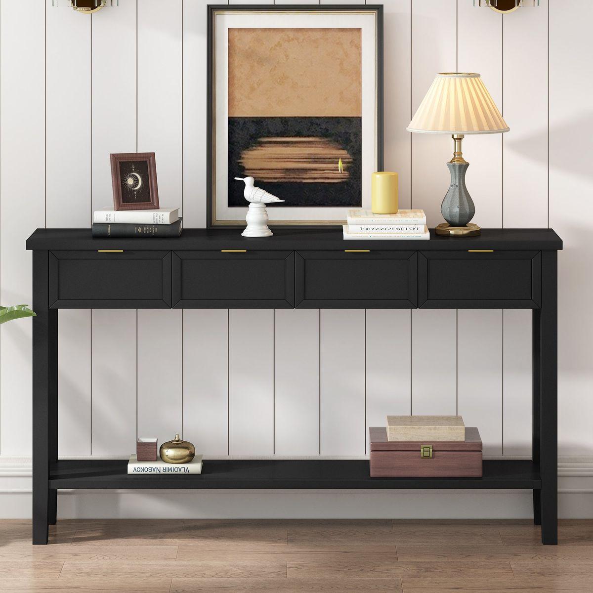 U_STYLE Contemporary High-Quality Entryway Console Table with 4 Spacious Drawersm,1 Practical Bottom ShelfLong Legs, for Hallway, Foyer