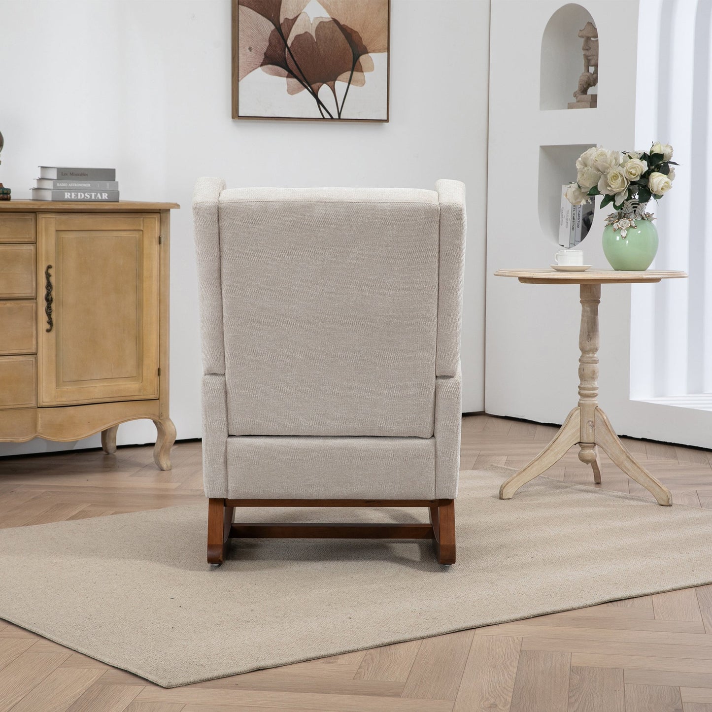 25.4'W Modern Rocking Chair for Nursery, Mid Century Accent Arm Rocker With Retractable Footrest, Side Pocket, Comfy Upholstered Wingback Wooden Glider Chair for Living Room Baby Kids Room. Beige