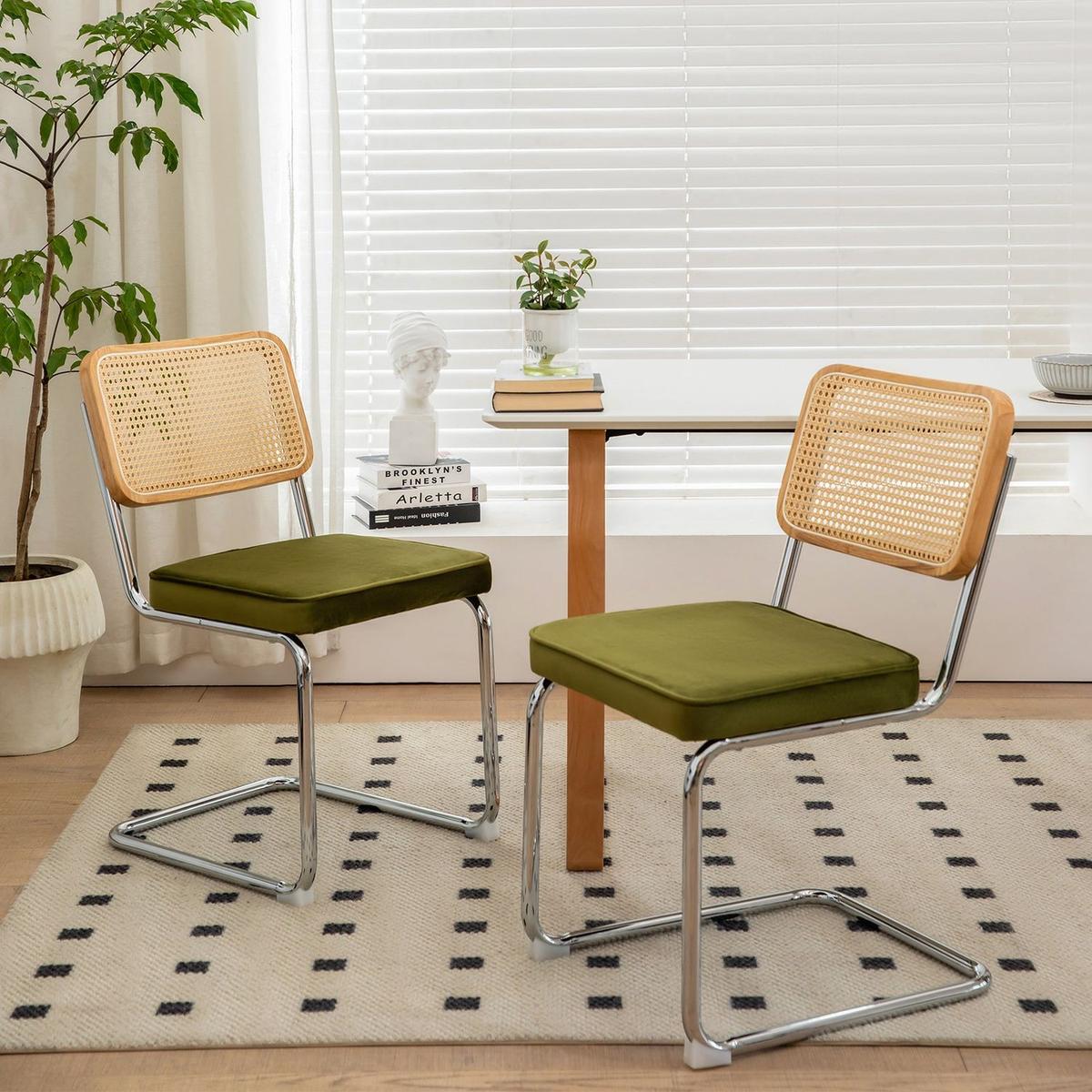 Dining & Tableware: Dining Chairs Set of 2, Velvet Rattan Side Accent Chairs with Chrome Legs, Modern Mid Century Breuer Designed Chairs, Upholstered Dining Living Room Kitchen Chairs (Olive Green-2pcs) by Streamdale Furniture