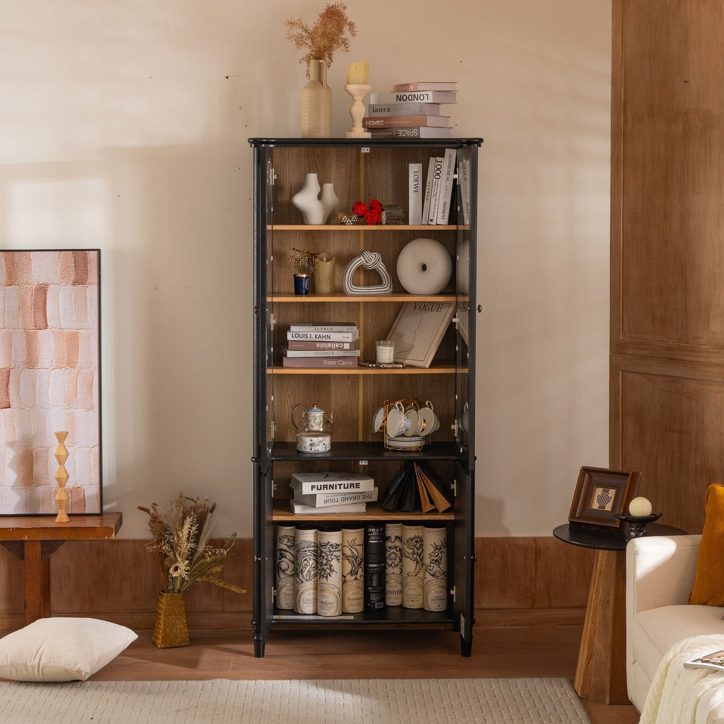 Vintage Display Cabinet with Double Glass Doors, Traditional Style for Collectibles - Black, Ash Wood Veneer, 73.25'' Tall