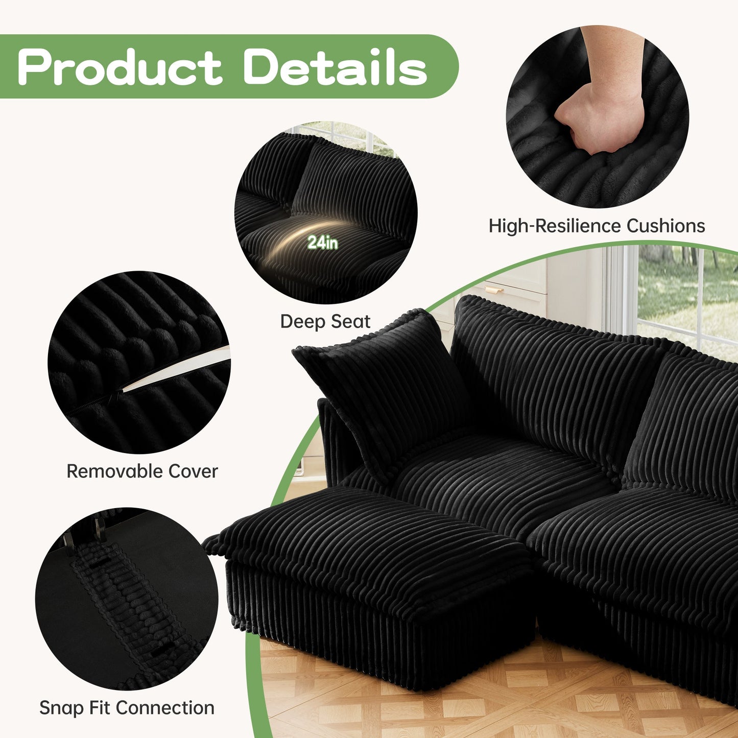 Upholstered Slipcovered Armchair with Ottoman, Deep Seat Armchair W/ Wide Ottoman for Living Room, Armchair Sets with Large Soft Pillows(Set of 2), Black Corduroy Fabric