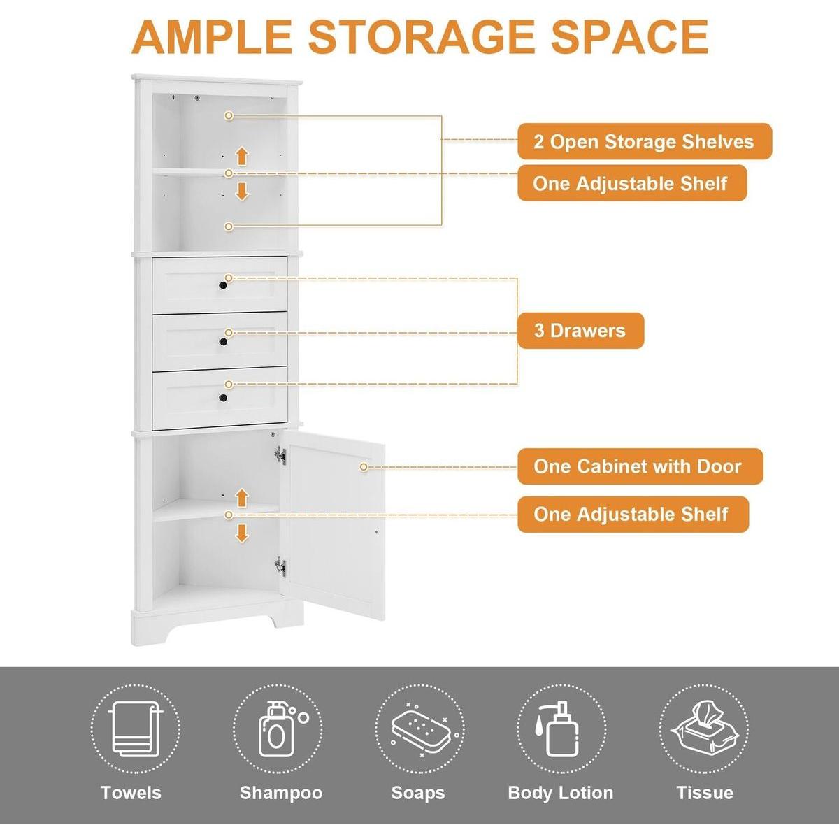White Triangle Tall Cabinet with 3 Drawers and Adjustable Shelves for Bathroom, Kitchen or Living Room, MDF Board with Painted Finish