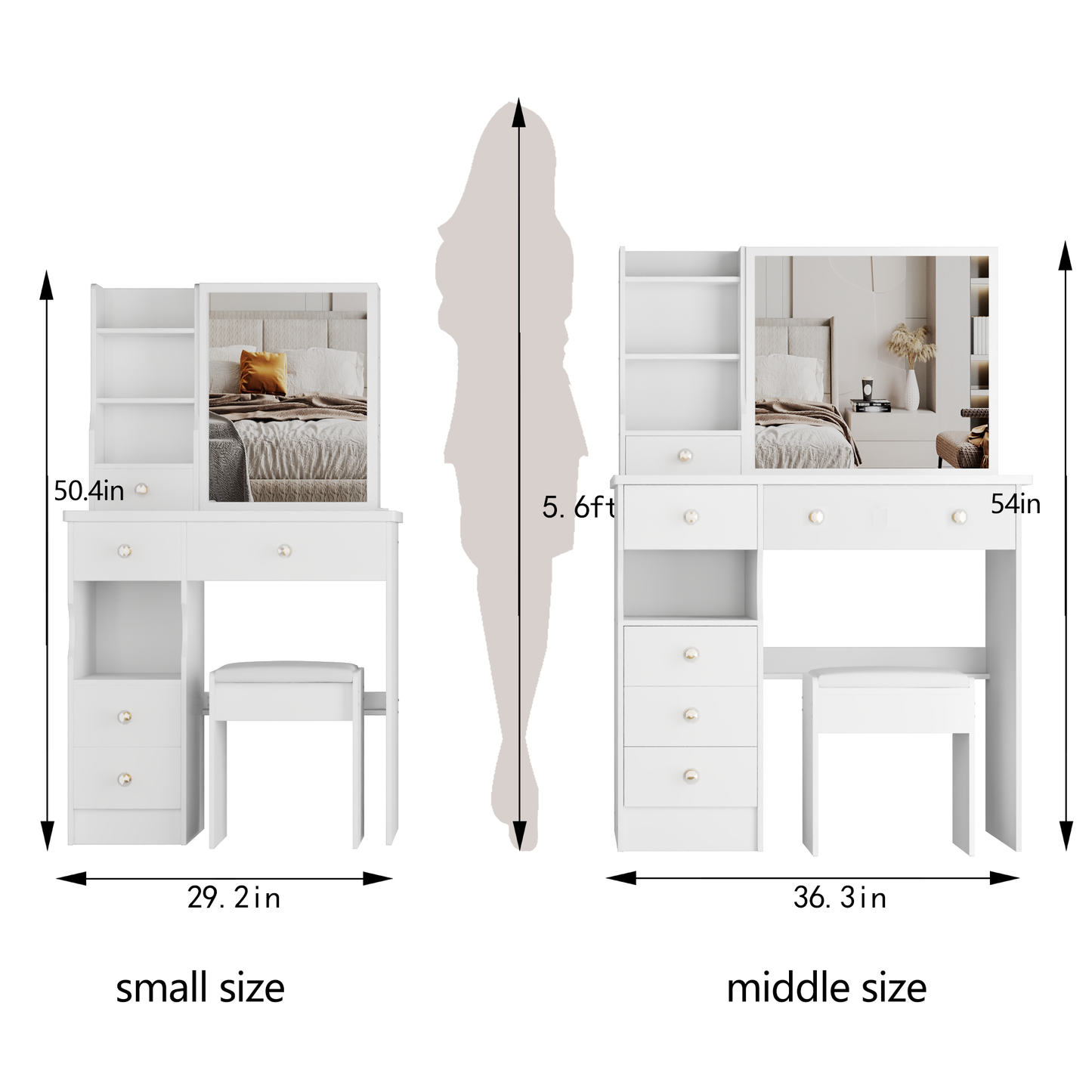 29.2' Small Size Left Drawer Desktop Vanity Table + Cushioned Stool, Extra Large Right sliding mirror, Multi Layer High Capacity Storage, Practical Fashionable Dresser, Suitable For Small Space