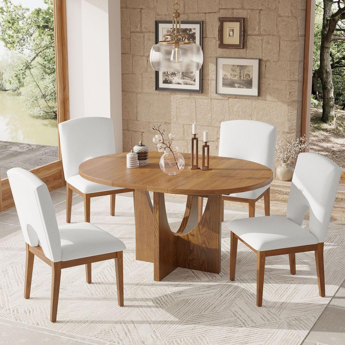 Smart Home Device: Modern 5-Piece Extendable Round Dining Table Set with 16.2inch Removable Leaf for Small Places, Walnut+Beige by Streamdale Furniture