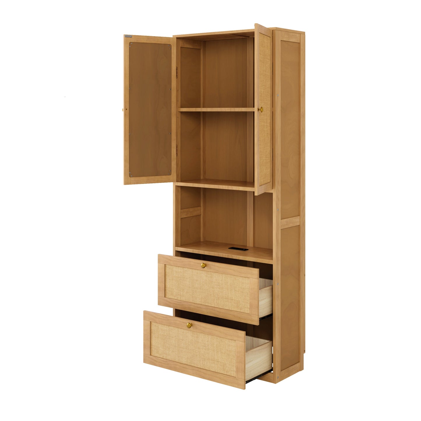 2 Doors Bookshelf with USB Port and 3 Drawers Side Cabinet Storage Shelves, Natural