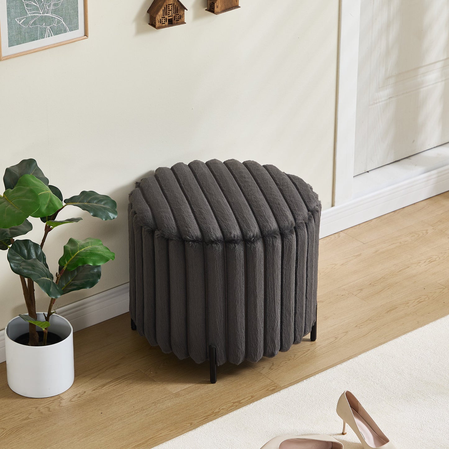 22.05' Wide Upholstered Round Pouf Ottoman Foot Rest with Black Metal Legs, Faux Fur Finish, Charcoal