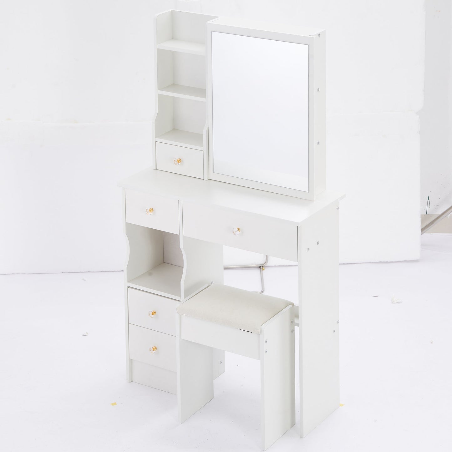 29.2' Small Size Left Drawer Desktop Vanity Table + Cushioned Stool, Extra Large Right sliding mirror, Multi Layer High Capacity Storage, Practical Fashionable Dresser, Suitable For Small Space