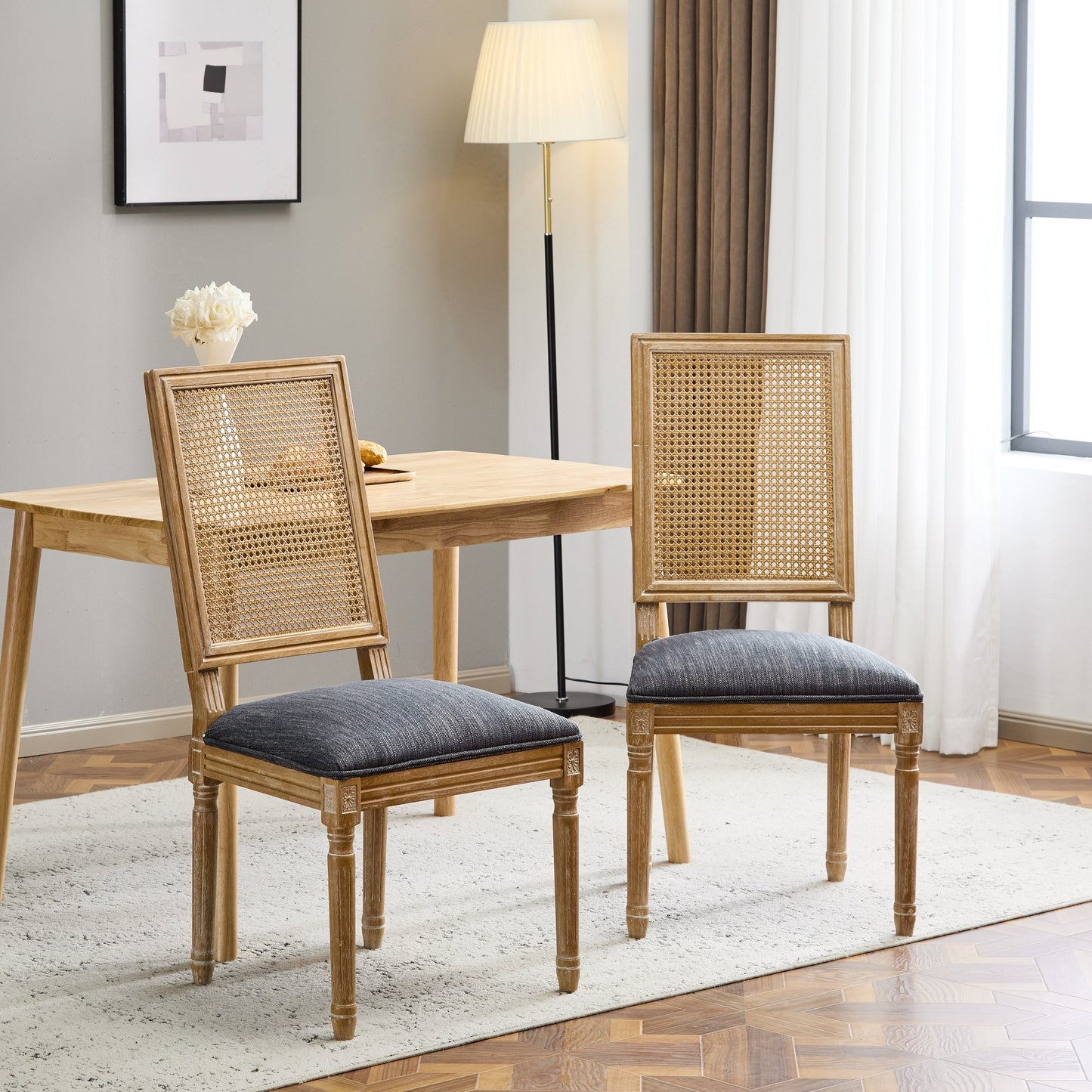 Vintage Inspired French Country Dining Chairs Set of 2 with Cane Backrest & Upholstered Seats in Rustic Weathered Finish
