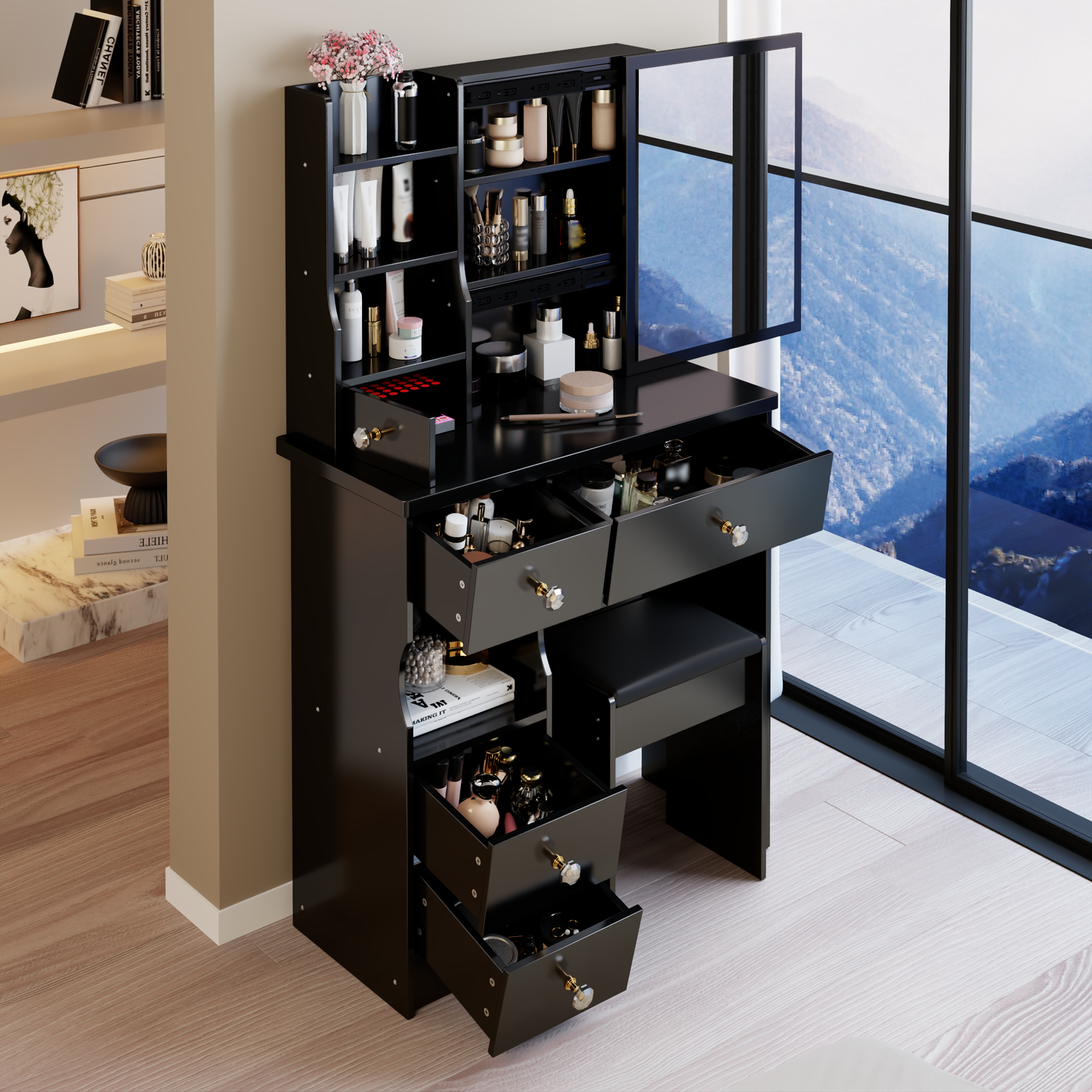 29.2' Small Size Left Drawer Desktop Vanity Table + Cushioned Stool, Extra Large Right sliding mirror, Multi Layer High Capacity Storage, Practical Fashionable Dresser, Suitable For Small Space