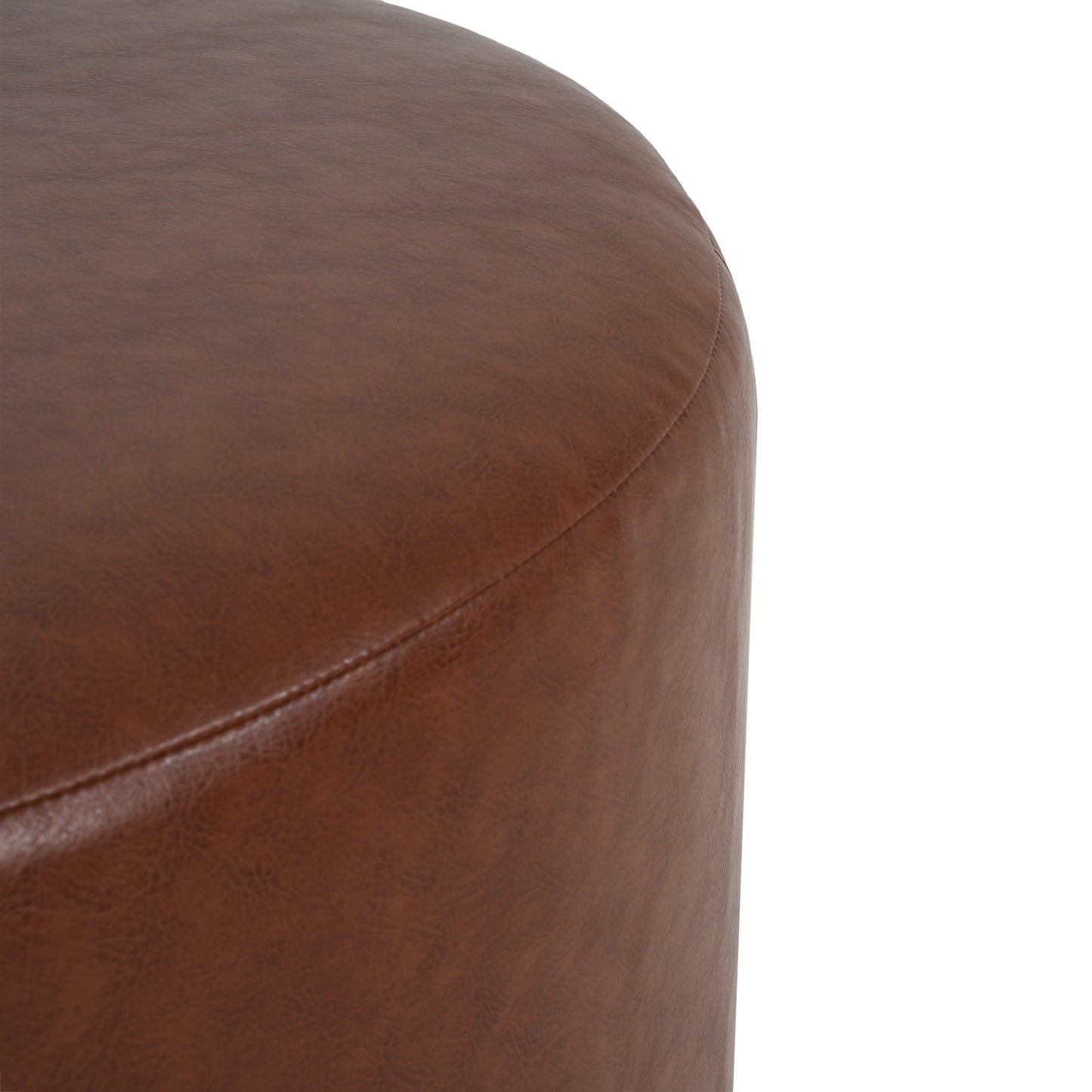 Upholstered Round Ottoman,PU Leather,Brown