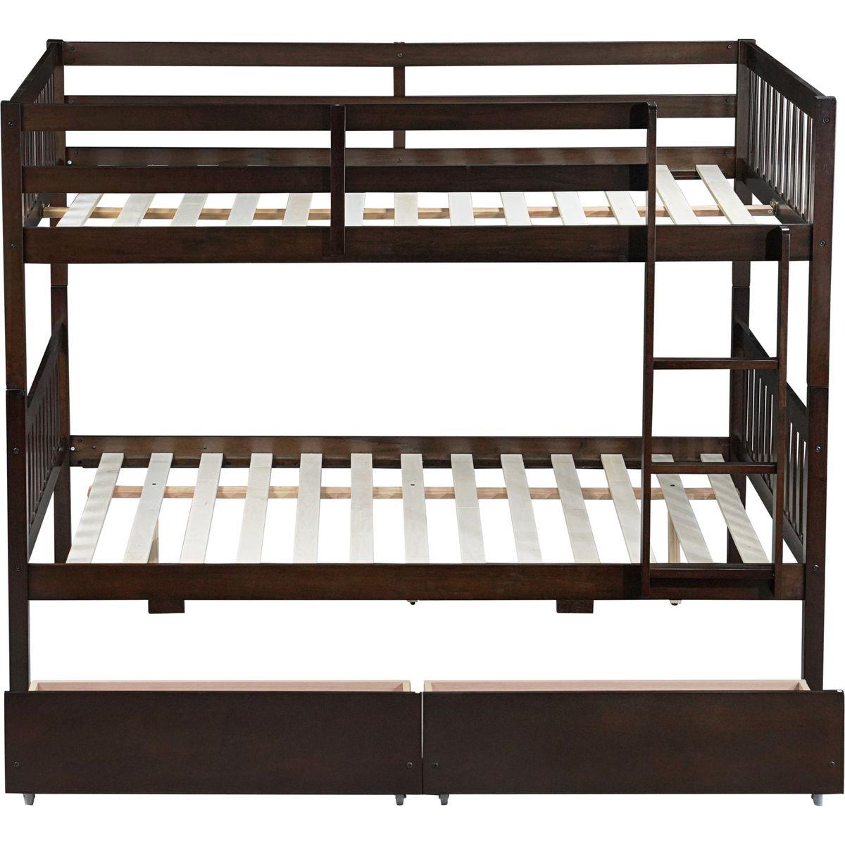 full Over full Rubber Wood Bunk Bed with 2 Drawers, Convertible into 2 full Beds, full Size Bunk Bed with Ladder and Safety Guardrails ,Espresso