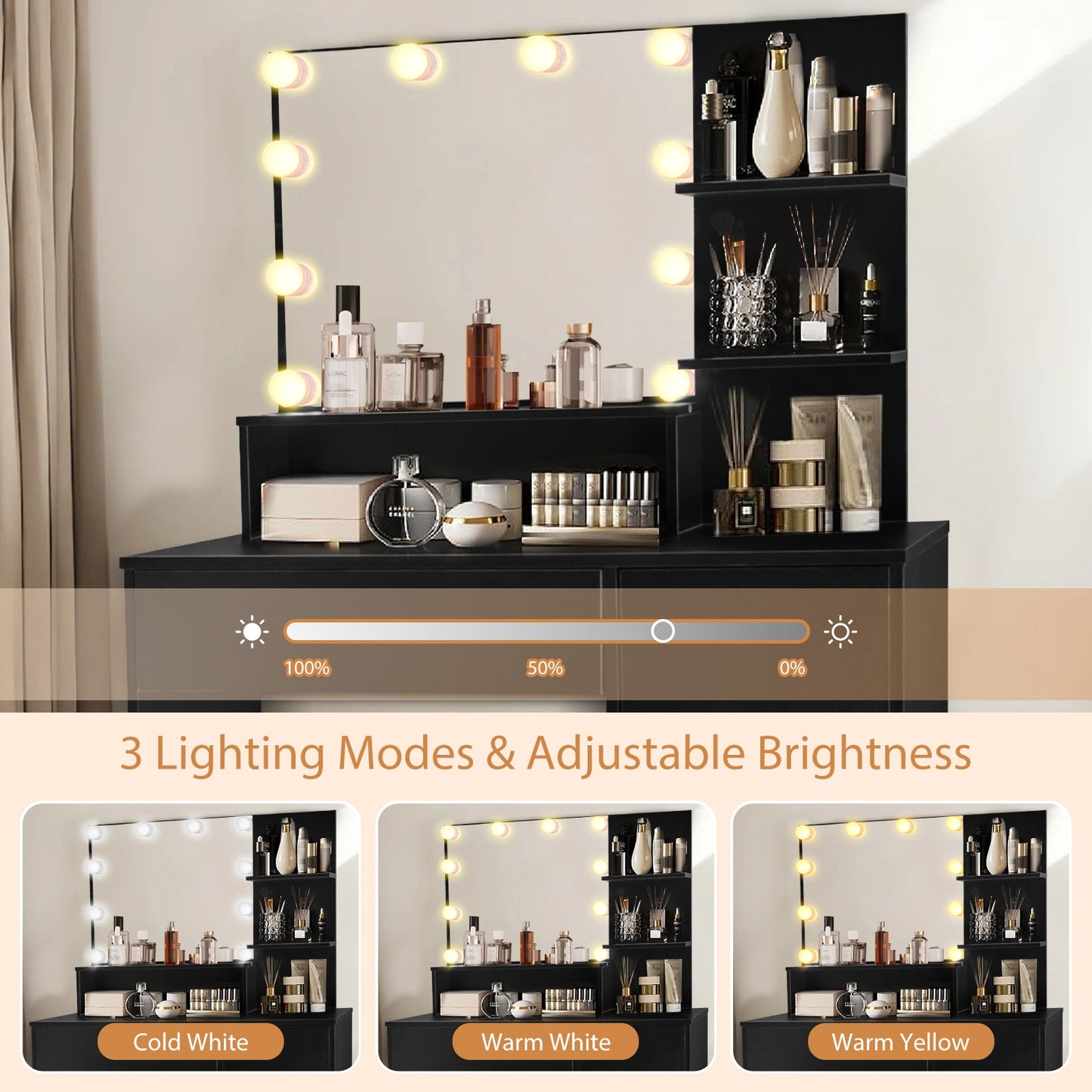 Vanity Desk with Mirror and Lights, Makeup Vanity with Drawer & Storage Cabinet, 3 Adjustable Lighting Colors, Makeup Desk with Open Shelves for Bedroom, Dressing Room, Black