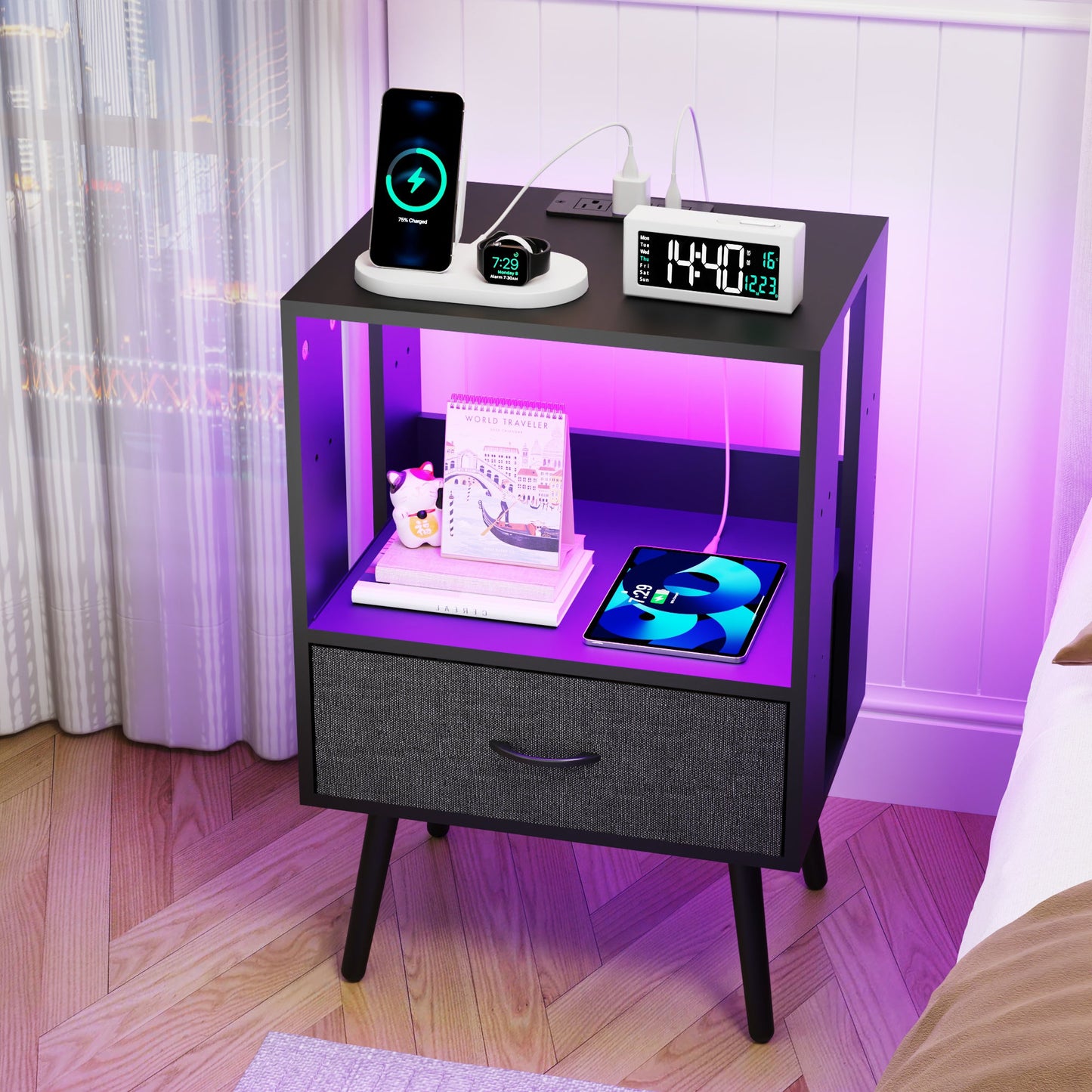 2 Pack Modern Nightstand with Charging Station, Bedside Tables with LED Light and Fabric Drawers