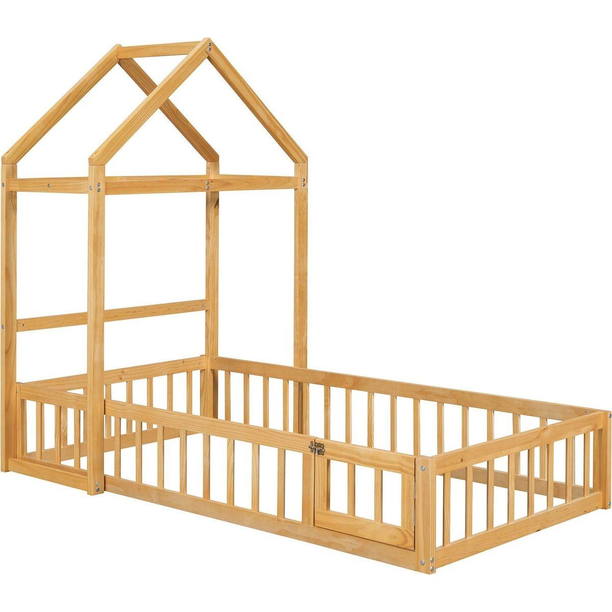 Wooden Floor Bed with Fence Railings and Detachable House Shape Headboard, Twin Size Bed with Kids Dress Up Rack, Kids Montessori Style Playhouse Frame for Girls Boys, Natural