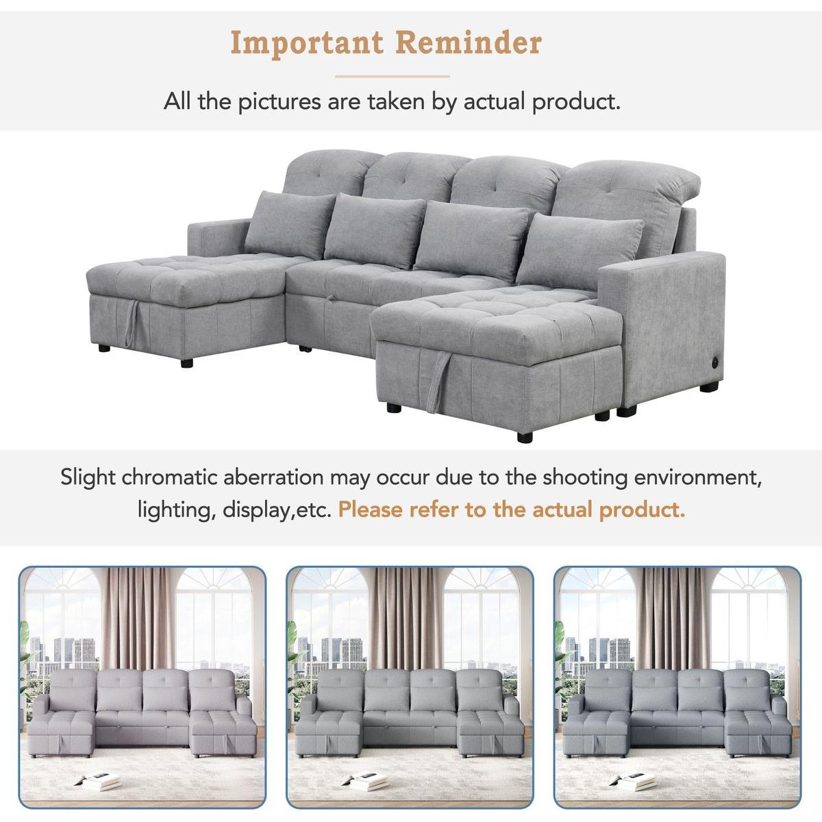 110.2' Oversized U-shaped Sofa Versatile Sectional Sofa Pull-out Sofa Bed with Double Storage Chaise Lounges and Two USB Ports for Living Room,Gray