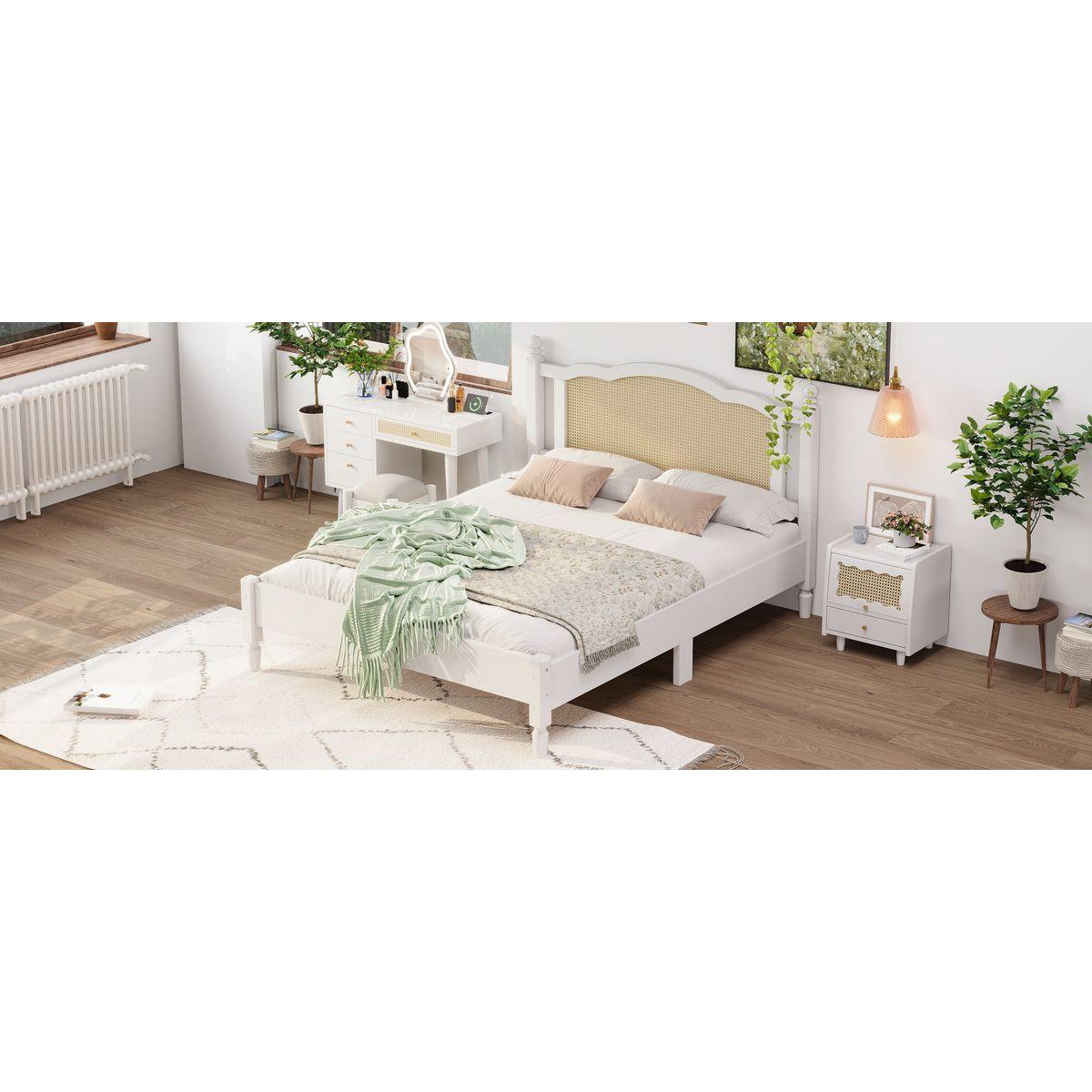 3 Pieces Bedroom Set with Queen Size Wooden Bed Frame, 1 Vintage Nightstand and 1 Makeup Vanity Set with Stool,White