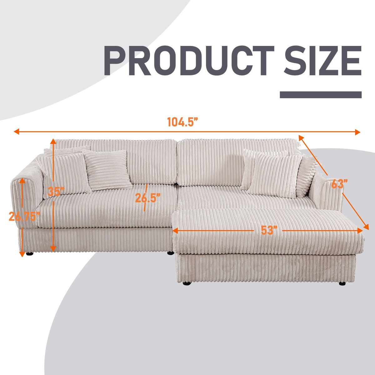 105' Oversized Sectional Sofa Cloud Couch for Living Room, Modern stripe L Shaped Couch, Comfy Boucle Modular Sofa Sleeper with Moveable Ottoman WIth/6 Pillow(WHITE)
