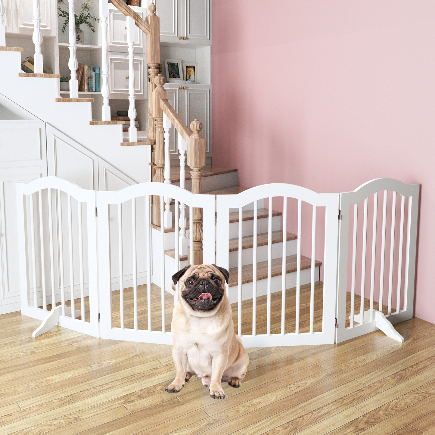27.6' Height Tall Freestanding Pet Gate, 4 Panels Foldable Dog Gate, Solid Wood Folding Safety Fence Wooden Dog Gate with 2 pcs Support Feet Ideal for Stairs, Doorways, Halls, Kitchens, Heavy Duty Gat