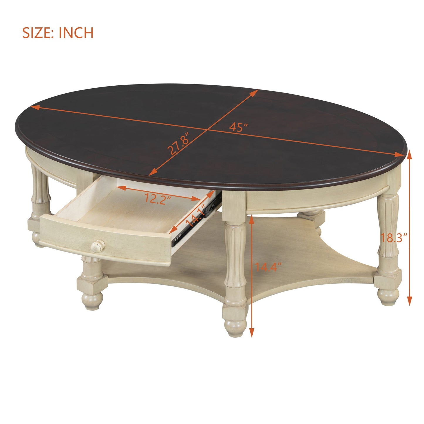 Vintage Oval Coffee Table with Drawer and Storage Shelf, Antique Cocktail Table in 45', French Country Accent Table for Living Room,Beige and Espresso