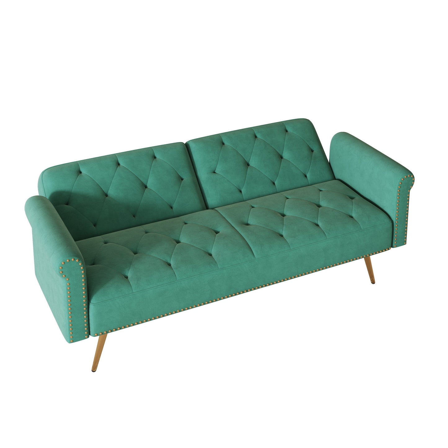 Velvet Sofa Bed with Nail Head Trim and Throw Pillow in Green, 69.7 Inches, Sponge Filling, Gold Metal Legs