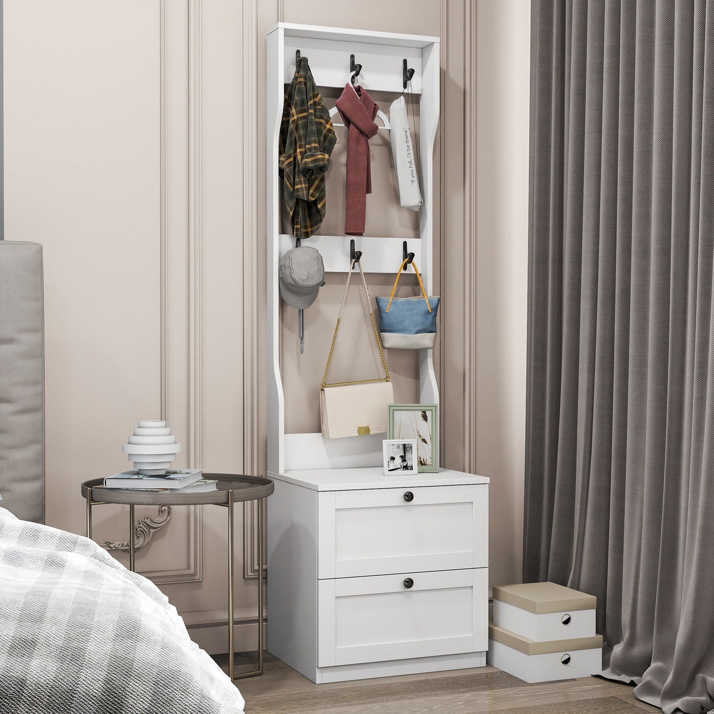 2-in-1 Coat Rack and Nightstand,Wood Bedside/Entryway Storage Organizer with Drawer & Hooks, Freestanding Clothes Hanger for Bedroom,Hallway
