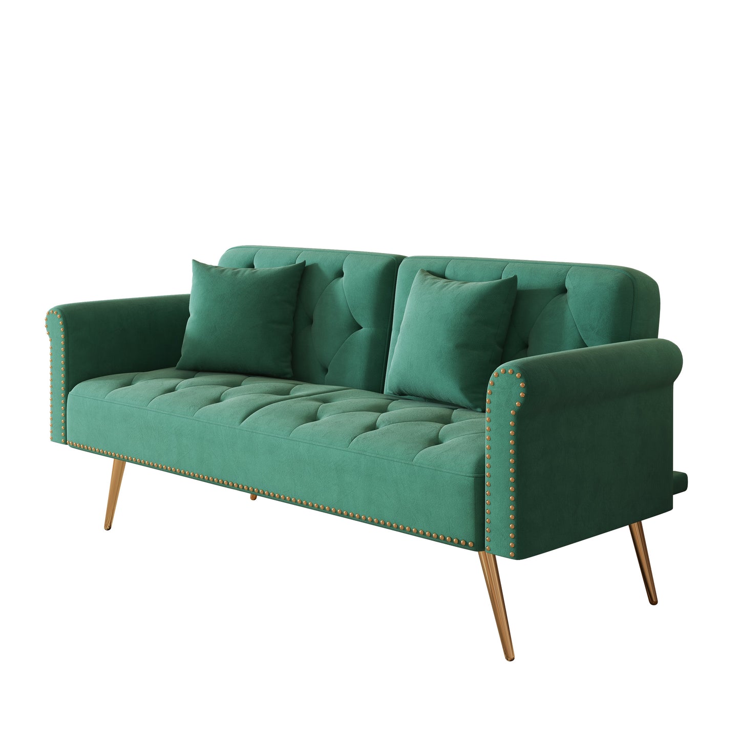Velvet Sofa Bed with Nail Head Trim and Throw Pillow in Green, 69.7 Inches, Sponge Filling, Gold Metal Legs