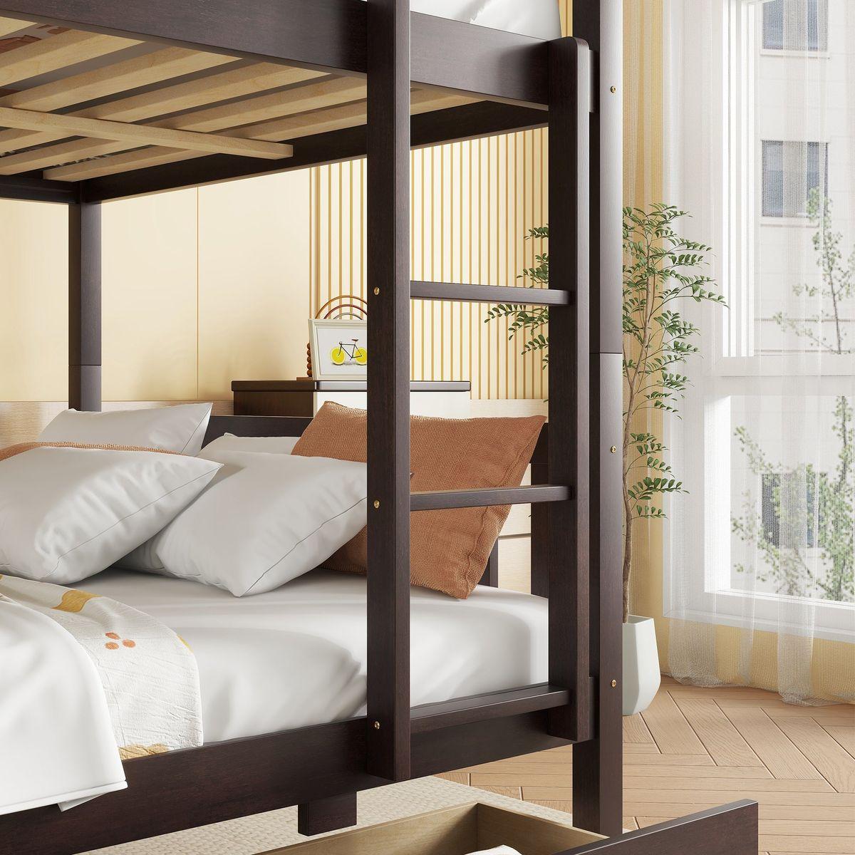 full Over full Rubber Wood Bunk Bed with 2 Drawers, Convertible into 2 full Beds, full Size Bunk Bed with Ladder and Safety Guardrails ,Espresso