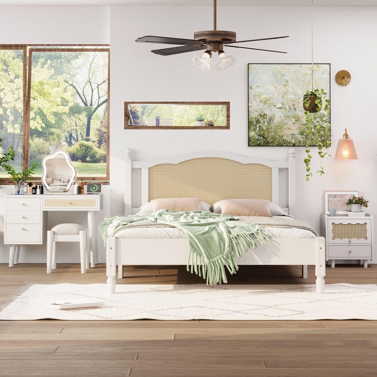 3 Pieces Bedroom Set with Queen Size Wooden Bed Frame, 1 Vintage Nightstand and 1 Makeup Vanity Set with Stool,White