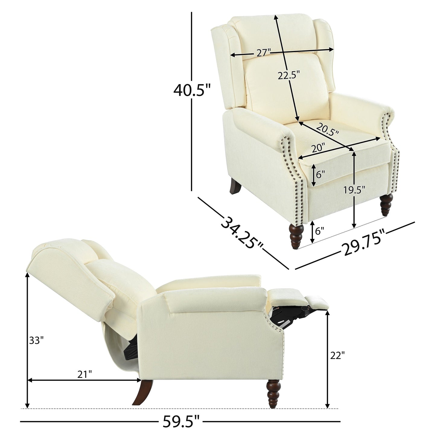 Upholstered Push Back Recliner Chair with Classic Wing Back, Beige Chenille, 29.75'