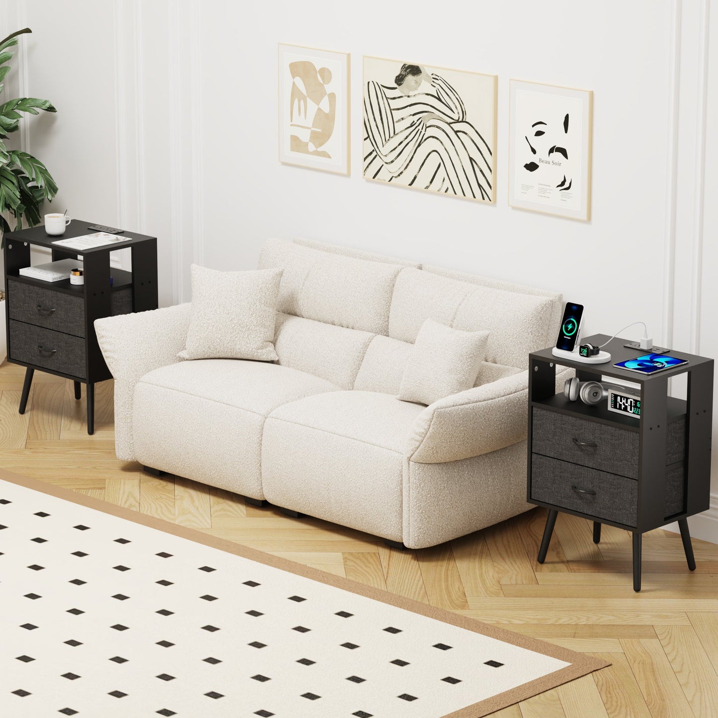 2 Pack Modern Nightstand with Charging Station, Bedside Tables with LED Light and Fabric Drawers