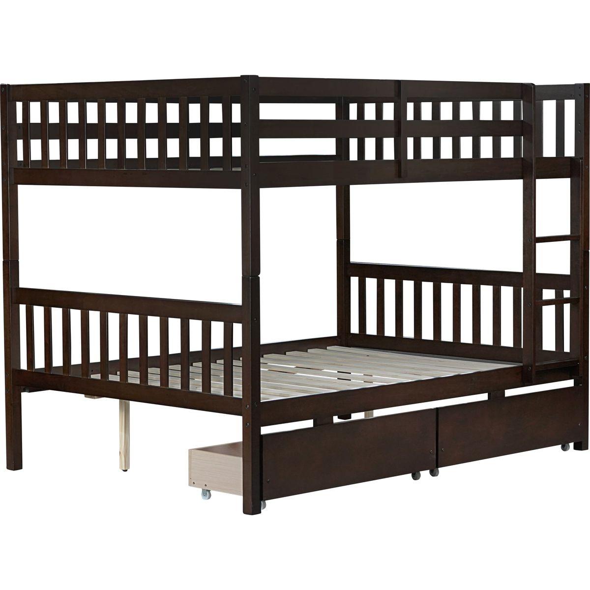 full Over full Rubber Wood Bunk Bed with 2 Drawers, Convertible into 2 full Beds, full Size Bunk Bed with Ladder and Safety Guardrails ,Espresso