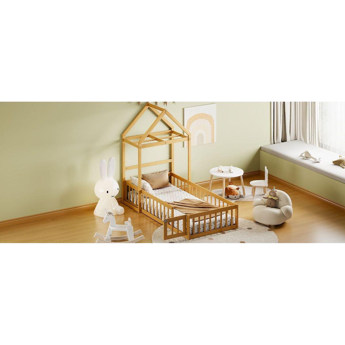 Wooden Floor Bed with Fence Railings and Detachable House Shape Headboard, Twin Size Bed with Kids Dress Up Rack, Kids Montessori Style Playhouse Frame for Girls Boys, Natural