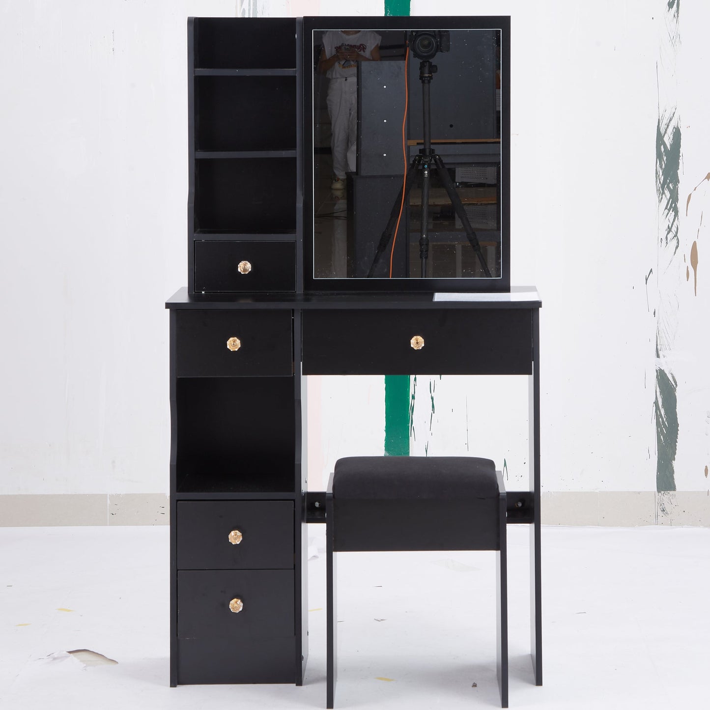 29.2' Small Size Left Drawer Desktop Vanity Table + Cushioned Stool, Extra Large Right sliding mirror, Multi Layer High Capacity Storage, Practical Fashionable Dresser, Suitable For Small Space