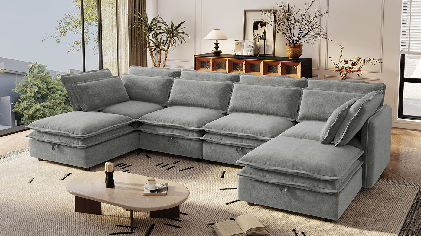 U_Style Double-Layer Cushion Modern Large U-Shaped Modular Sofa, Freely Combinable 6-Seater with Storage Function, Convertible to Sofa Bed, Perfect for Living Rooms, Offices, and Apartments