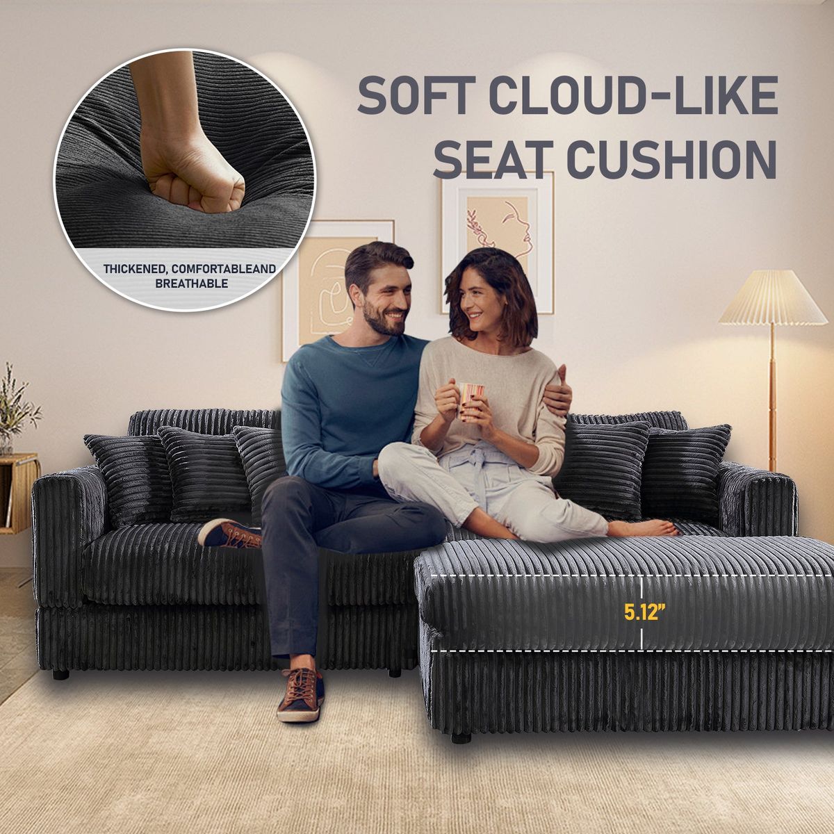 105' Oversized Sectional Sofa Cloud Couch for Living Room, Modern stripe L Shaped Couch, Comfy Boucle Modular Sofa Sleeper with Moveable Ottoman (Gery)