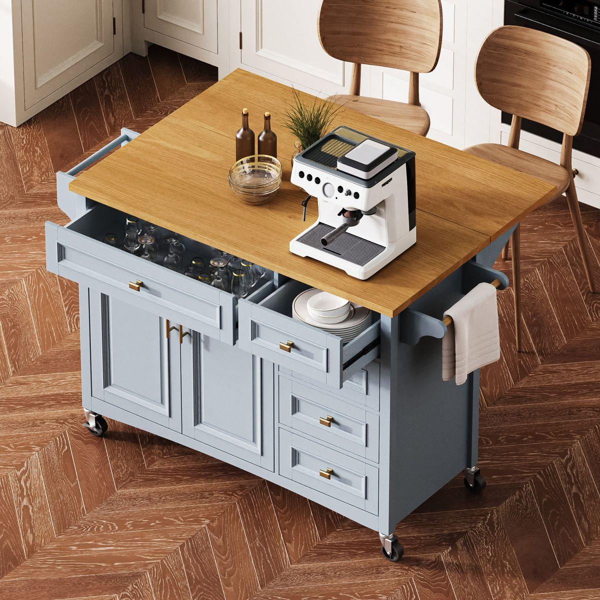 Smart Home Device: K&K 52'' Kitchen Island with Drop Leaf, Embossed Texture Kitchen Island on Wheels with Spice Rack, Towel Rack, 2 Doors and 5 Drawers, Kitchen Storage Cart with Adjustable Shelf for Kitchen, Blue Grey by Streamdale Furniture