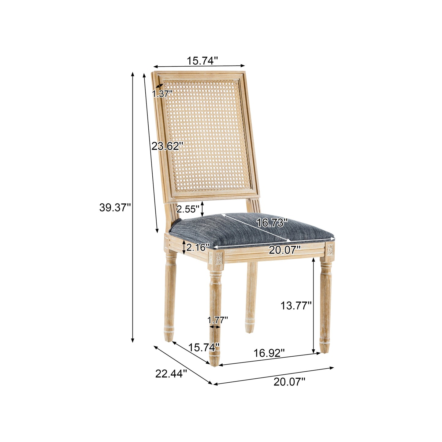 Vintage Inspired French Country Dining Chairs Set of 2 with Cane Backrest & Upholstered Seats in Rustic Weathered Finish