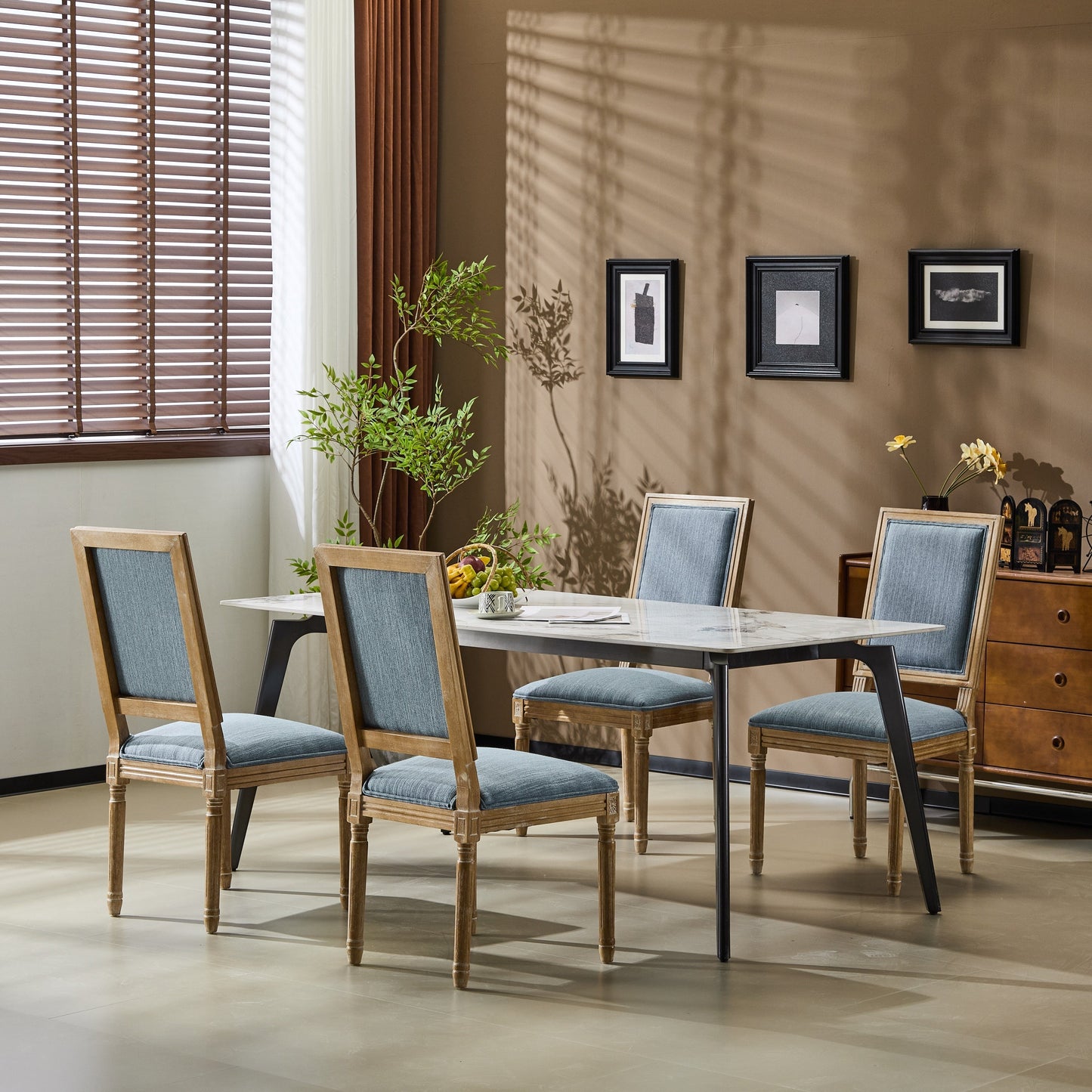 Vintage Inspired French Country Dining Chairs Set of 4 with Cane Backrest & Upholstered Seats, Solid Rubberwood, Slate Blue