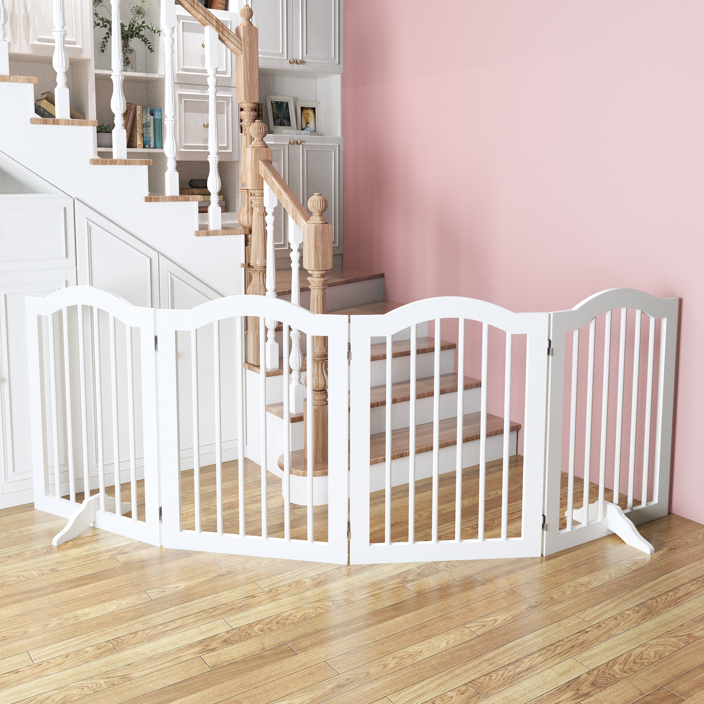 27.6' Height Tall Freestanding Pet Gate, 4 Panels Foldable Dog Gate, Solid Wood Folding Safety Fence Wooden Dog Gate with 2 pcs Support Feet Ideal for Stairs, Doorways, Halls, Kitchens, Heavy Duty Gat