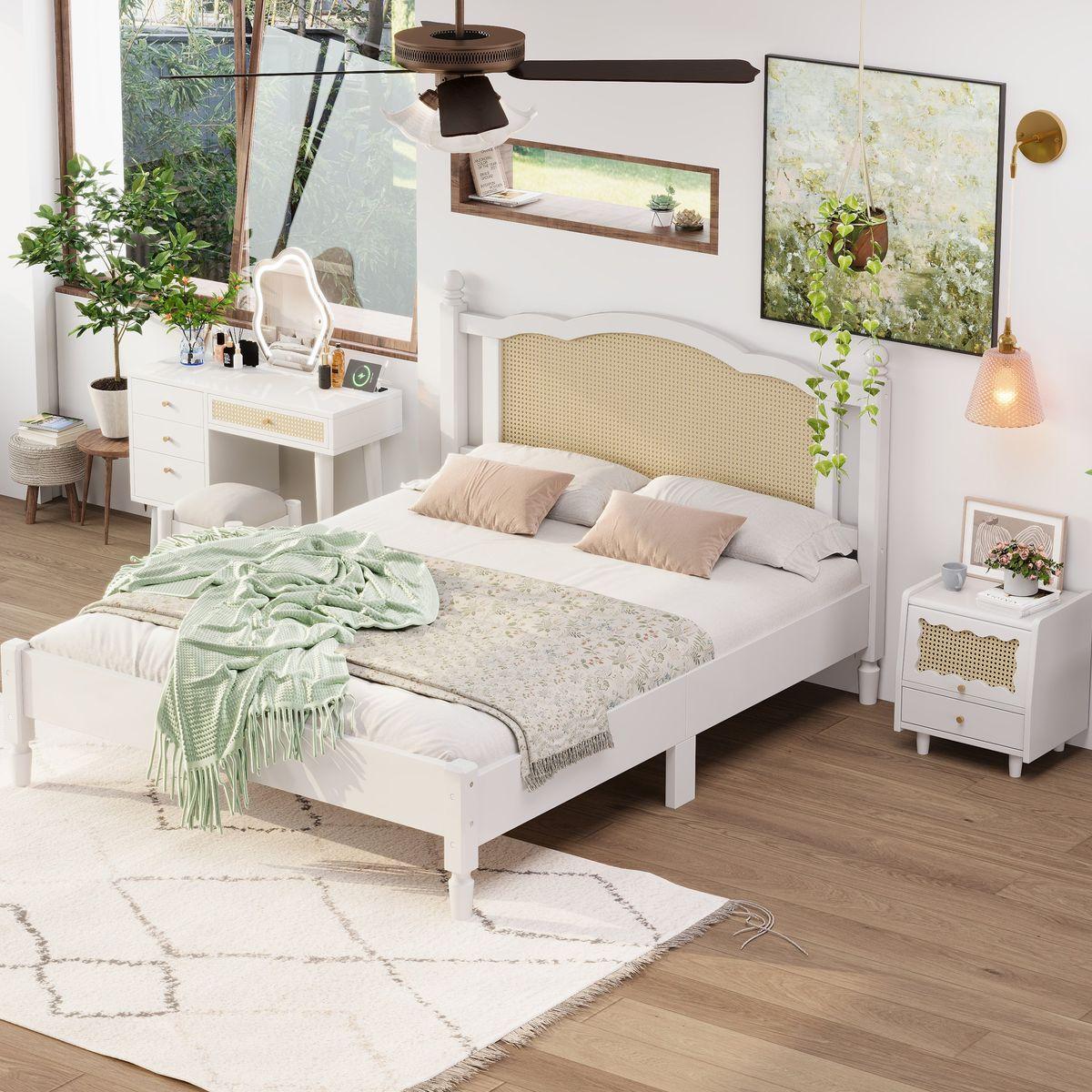 3 Pieces Bedroom Set with Queen Size Wooden Bed Frame, 1 Vintage Nightstand and 1 Makeup Vanity Set with Stool,White