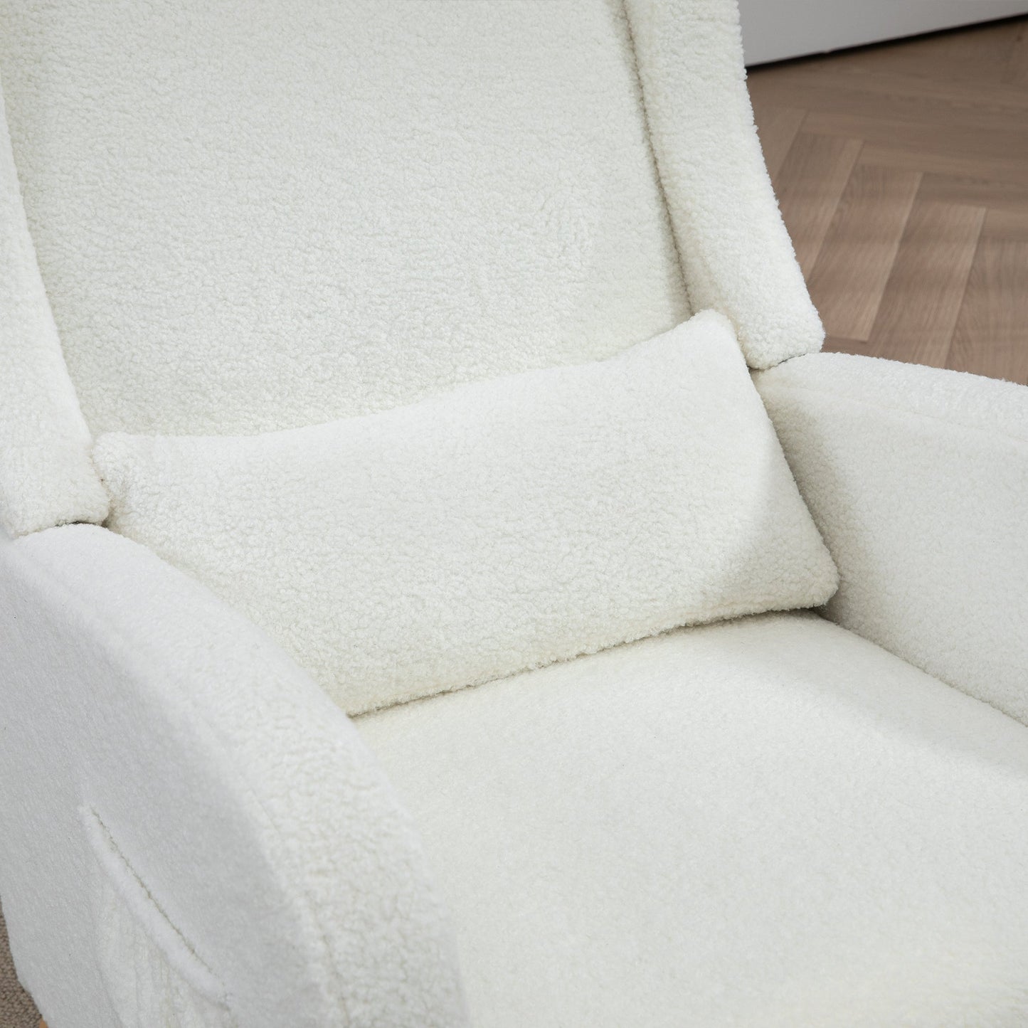 25.4'W Modern Rocking Chair for Nursery, Mid Century Accent Arm Rocker With Retractable Footrest, Side Pocket, Comfy Upholstered Wingback Wooden Glider Chair for Living Room Baby Kids Room. Ivory