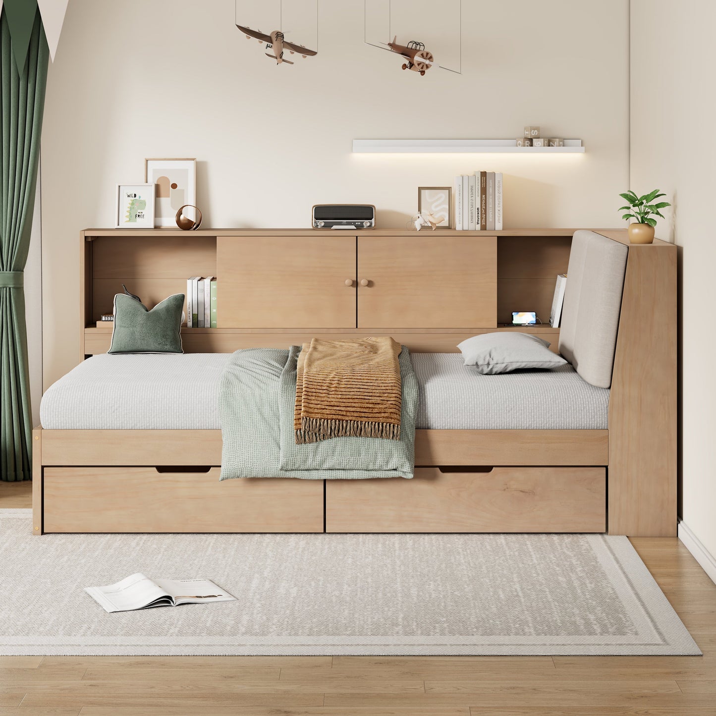 Wooden Twin Size L-shaped Daybed Corner Bed Under-bed Drawers with Storage Bookcase and Upholstered Headboard and USB Charging Ports for Limited Space,Natural
