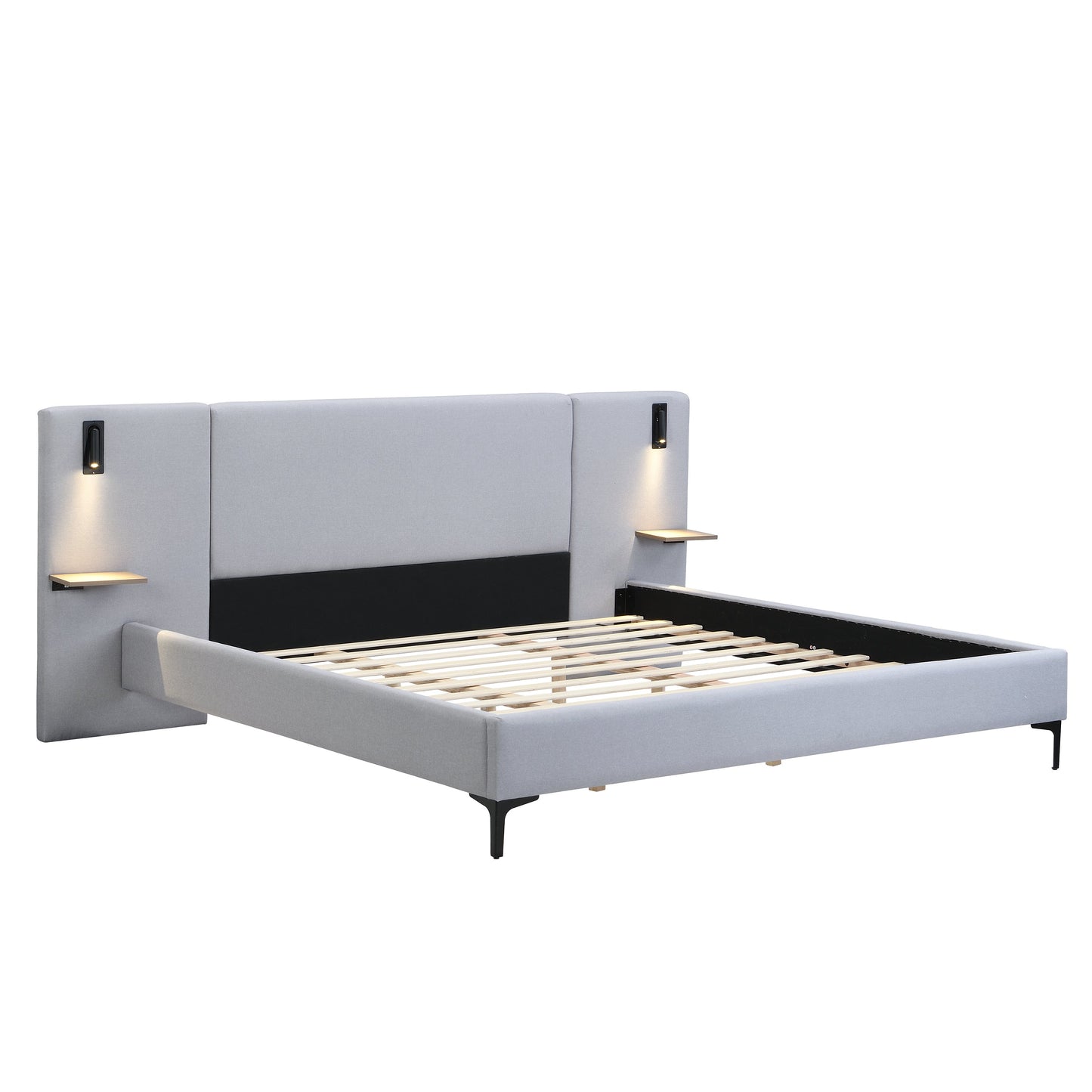 Chic Linen Upholstered Bed with Integrated Lights and Shelves, Grey, King