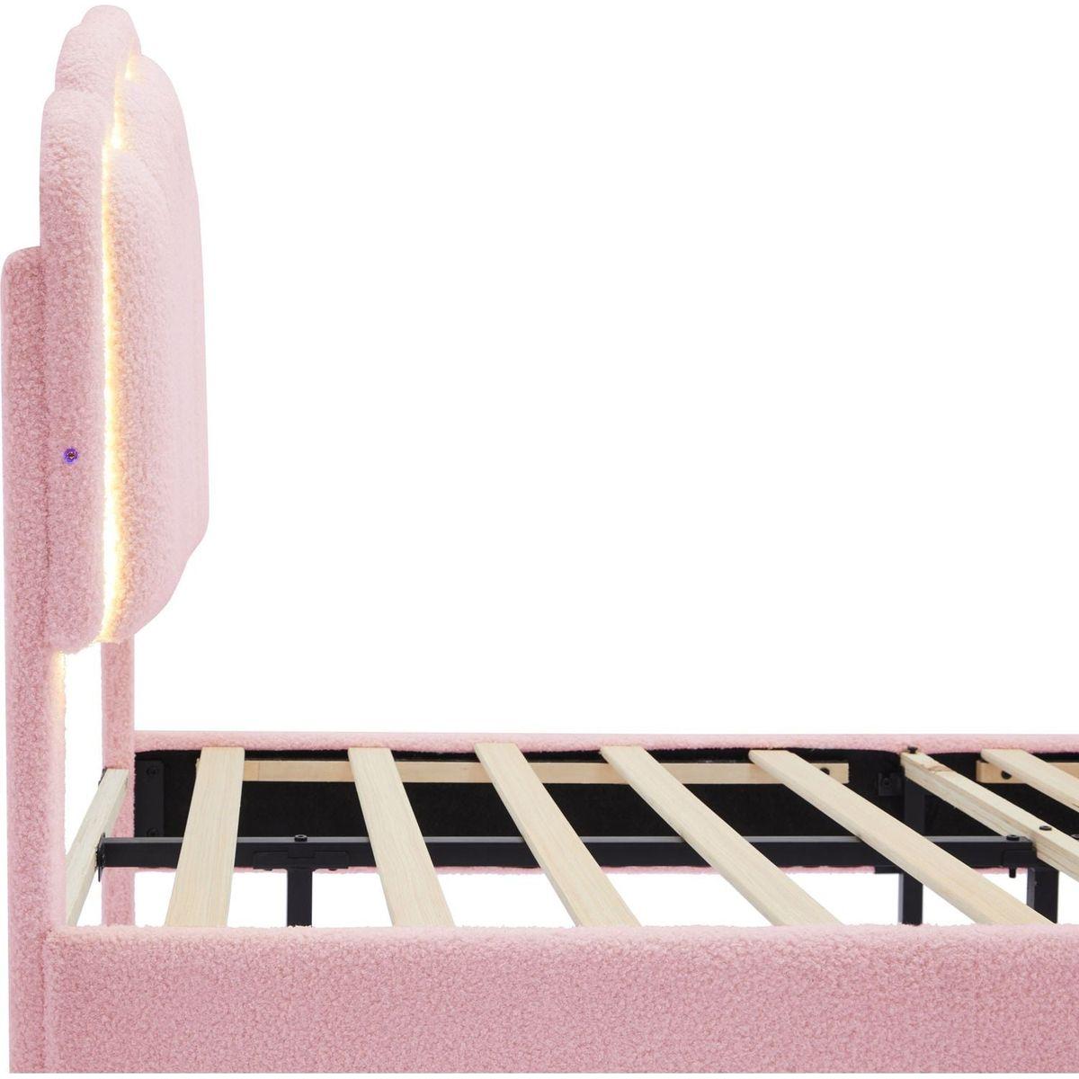 2-Pieces Bedroom Sets Twin Size Flower-Shaped Upholstered LED Platform Bed with Storage Ottoman-Sherpa Fabric, Pink