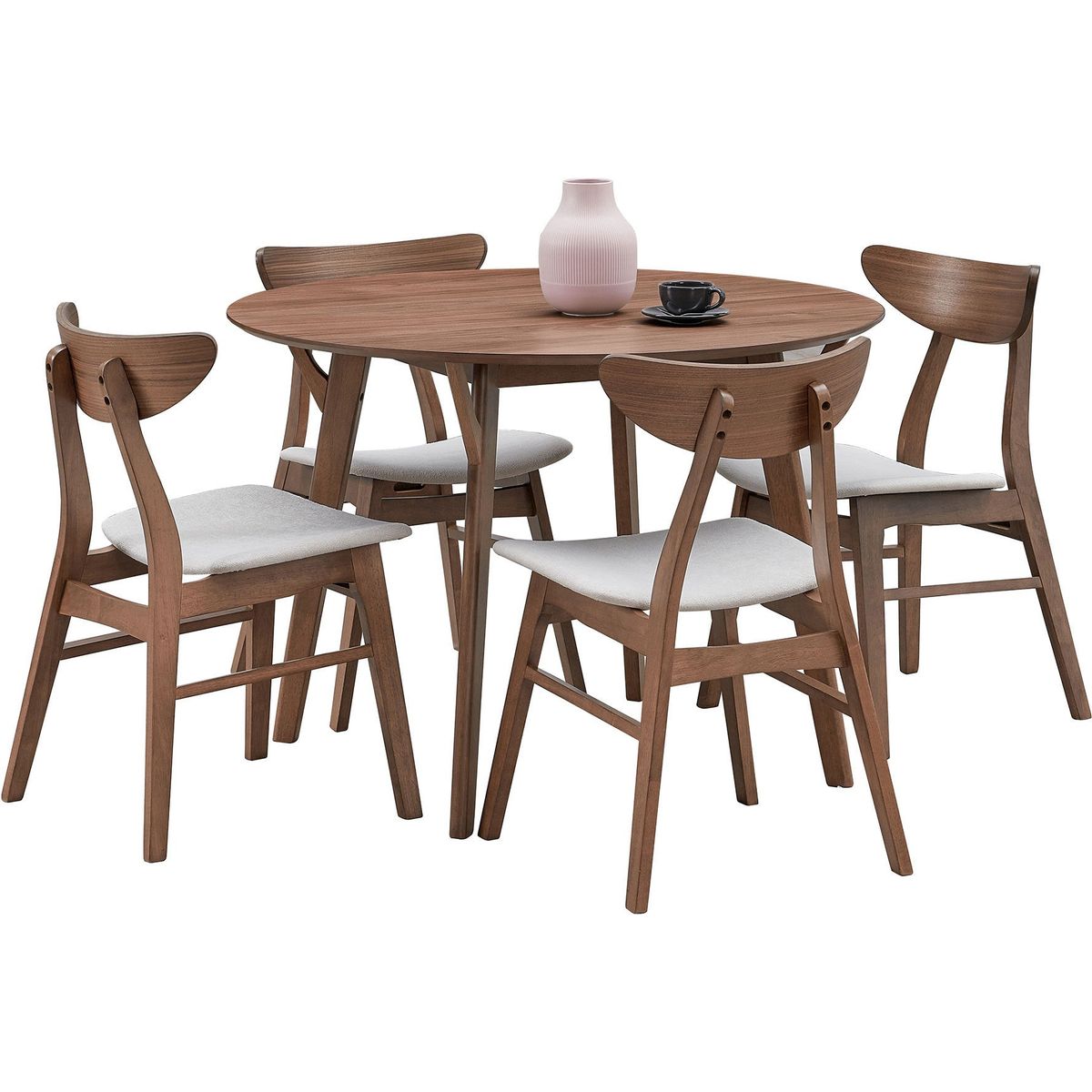 Wooden Dining Table Set, Modern Simple Design Round Kitchen Table and Fabric Upholstered Dining Chairs for Dining Room, Kitchen, Saving Space(1 Table with 4 Chairs),Walnut