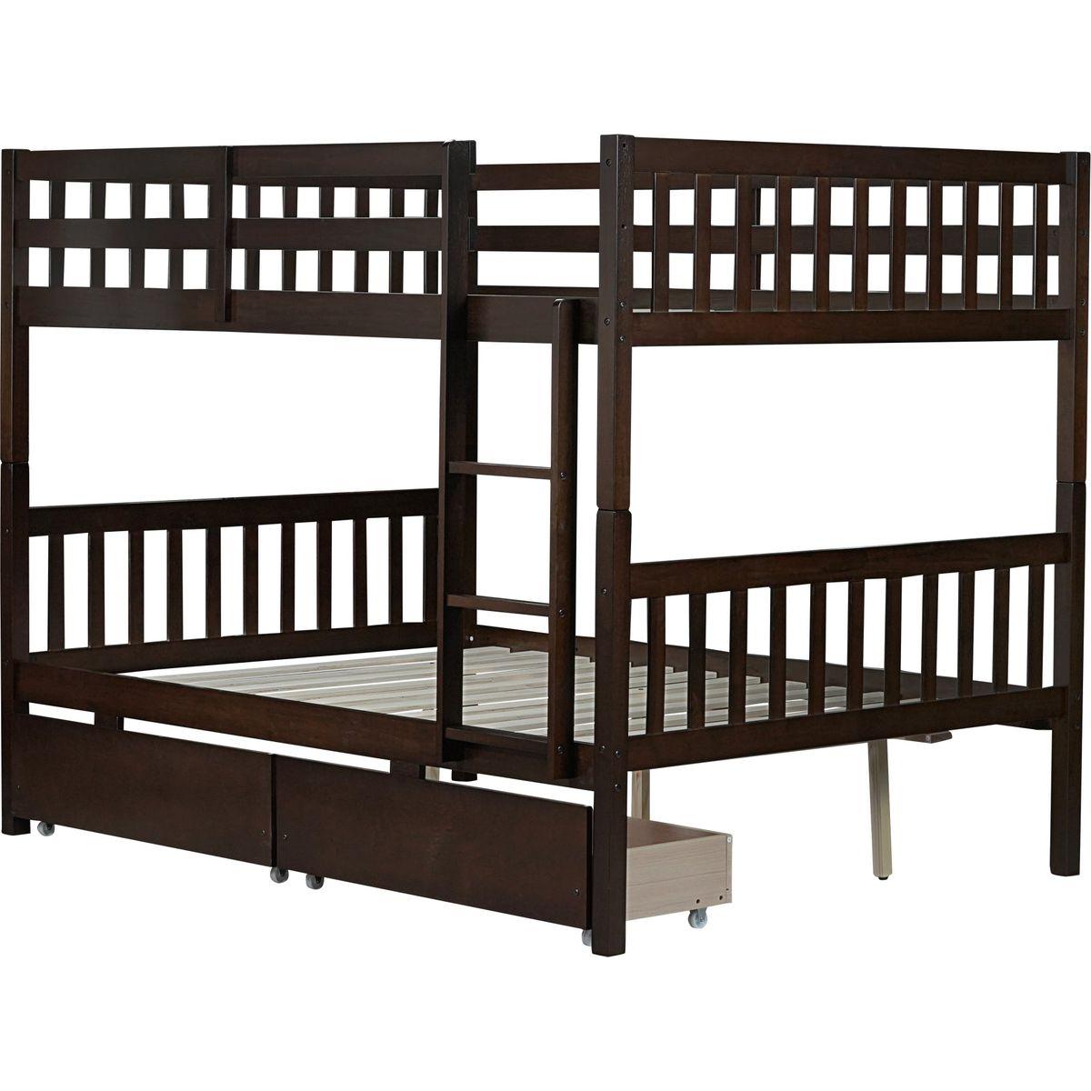 full Over full Rubber Wood Bunk Bed with 2 Drawers, Convertible into 2 full Beds, full Size Bunk Bed with Ladder and Safety Guardrails ,Espresso