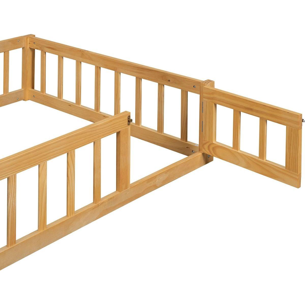 Wooden Floor Bed with Fence Railings and Detachable House Shape Headboard, Twin Size Bed with Kids Dress Up Rack, Kids Montessori Style Playhouse Frame for Girls Boys, Natural