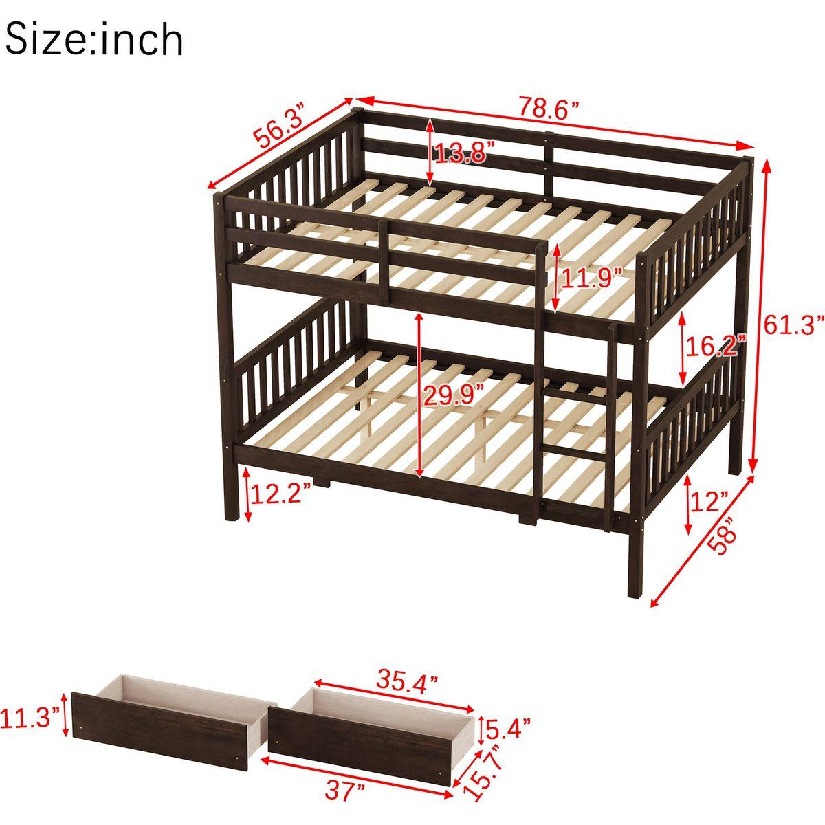 full Over full Rubber Wood Bunk Bed with 2 Drawers, Convertible into 2 full Beds, full Size Bunk Bed with Ladder and Safety Guardrails ,Espresso