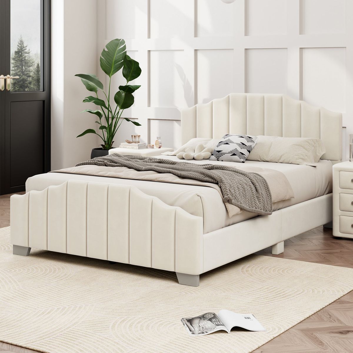 3 Pieces Bedroom Sets Queen Size Velvet Upholstered Platform Bed Vertical Channel Tufted Headboard and Two Three-drawer Nightstands,Beige